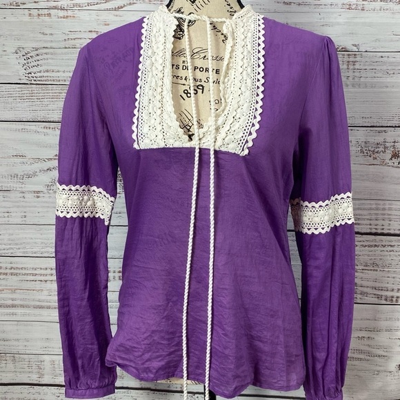 TORY BURCH PURPLE DEEP V- NECK CROCHET DETAIL LONG SLEEVE POPOVER BLOUSE - Picture 1 of 7